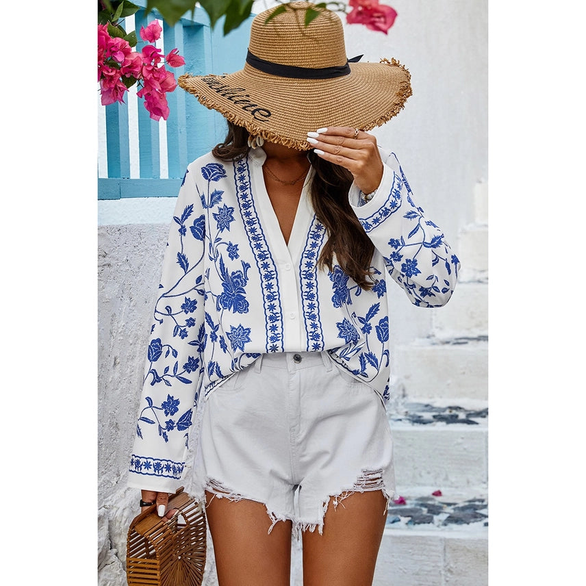 Floral Print Deep V Loose Fit Long Sleeves Blouse