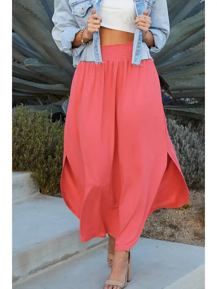 Smoked Waist Side Slits Maxi Skirts