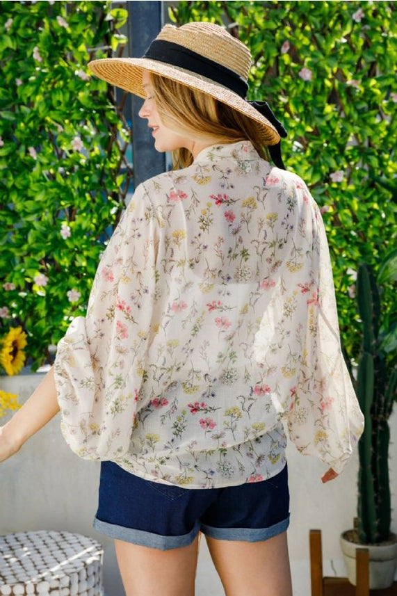 Flowered Kimono Cardigan with Front Tie