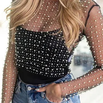 Pearl Rhinestone Studded Sheer Mesh See Through Top